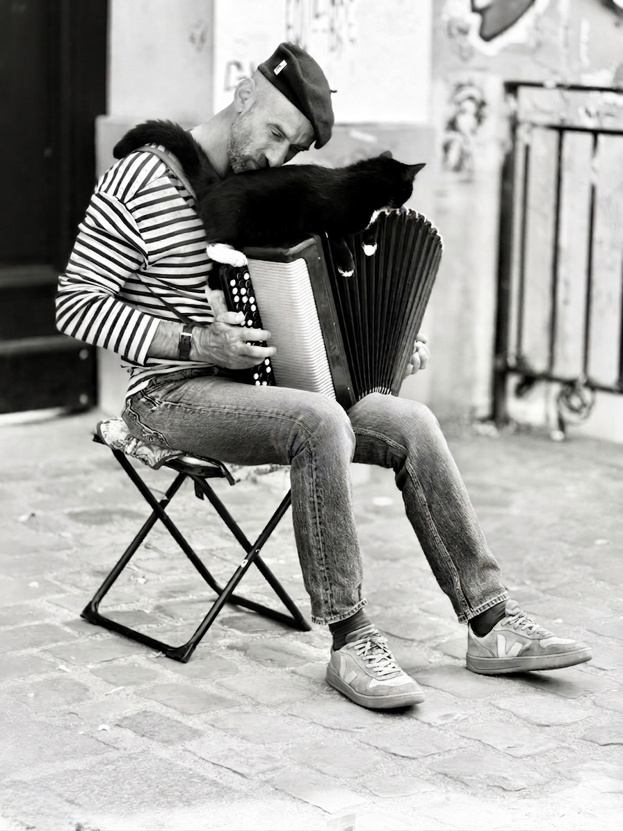 A musician plays accordion in Montmartre, Paris, his black cat draped across the instrument